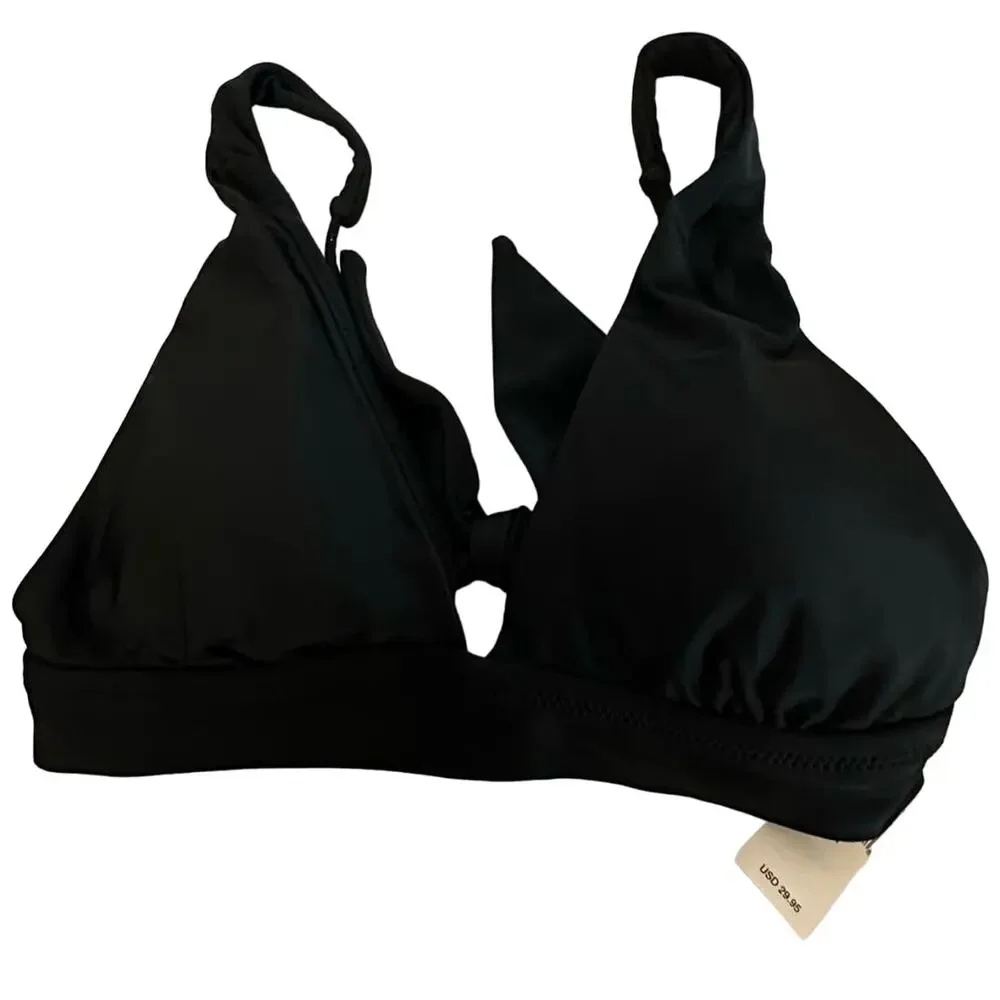 Aerie Womens Size Medium Swim Bikini Top Black Plunge Front Tie Back NWT - Picture 1 of 7